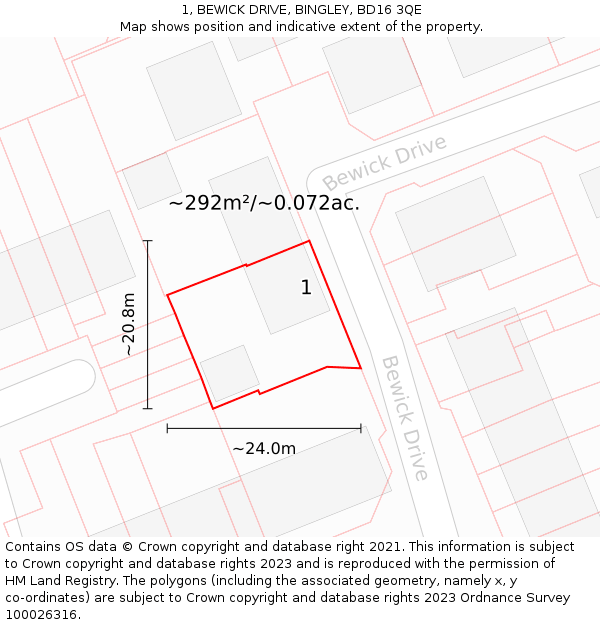 1, BEWICK DRIVE, BINGLEY, BD16 3QE: Plot and title map