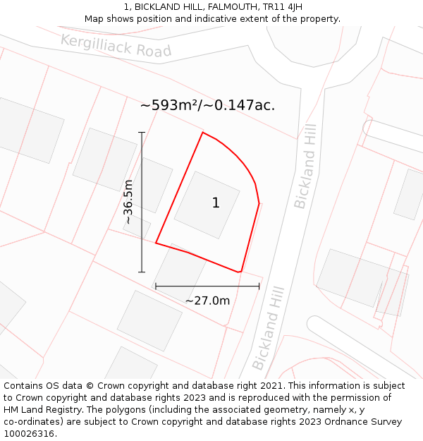 1, BICKLAND HILL, FALMOUTH, TR11 4JH: Plot and title map