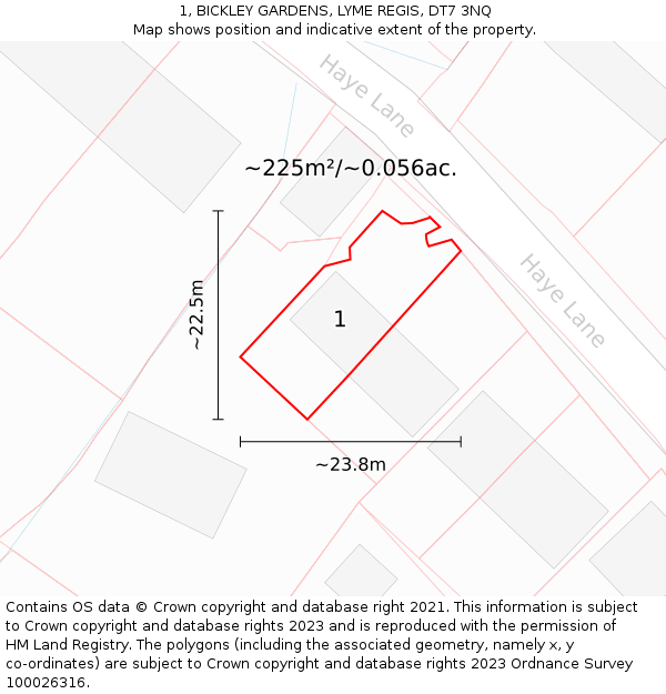 1, BICKLEY GARDENS, LYME REGIS, DT7 3NQ: Plot and title map