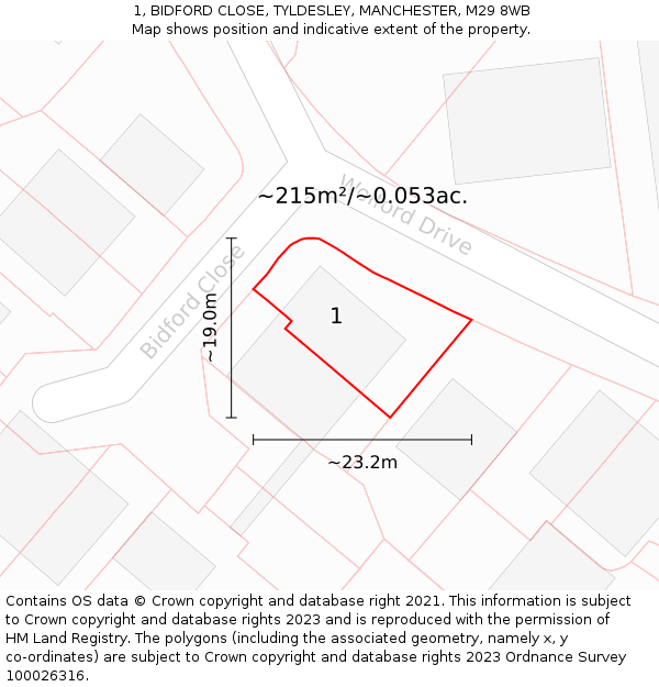 1, BIDFORD CLOSE, TYLDESLEY, MANCHESTER, M29 8WB: Plot and title map