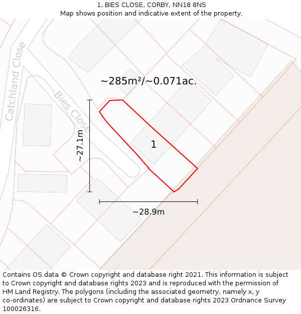 1, BIES CLOSE, CORBY, NN18 8NS: Plot and title map