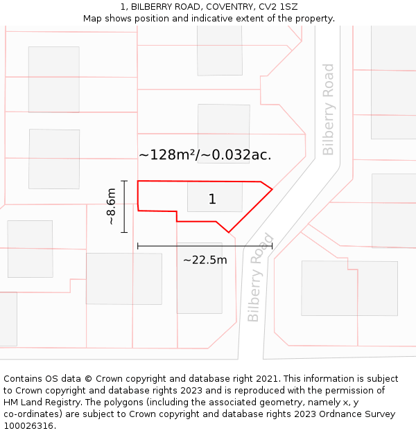 1, BILBERRY ROAD, COVENTRY, CV2 1SZ: Plot and title map