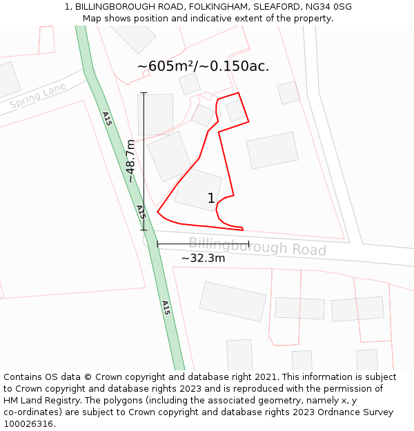 1, BILLINGBOROUGH ROAD, FOLKINGHAM, SLEAFORD, NG34 0SG: Plot and title map