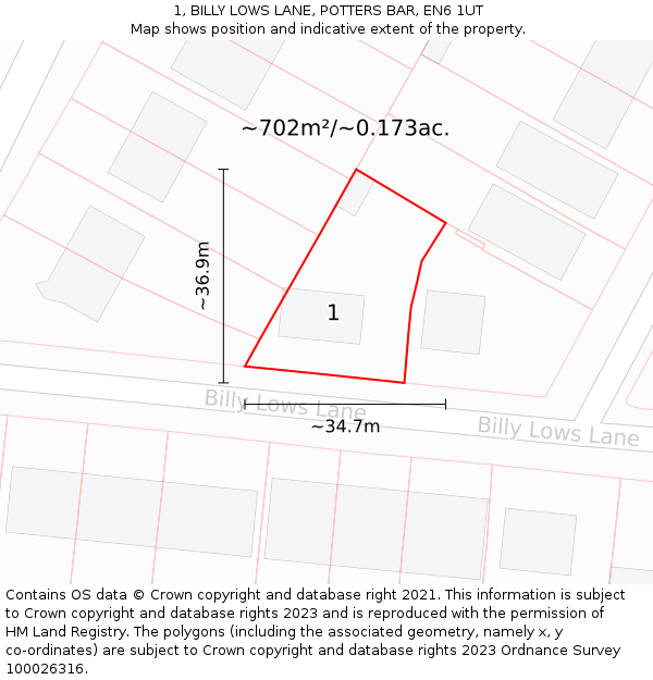 1, BILLY LOWS LANE, POTTERS BAR, EN6 1UT: Plot and title map