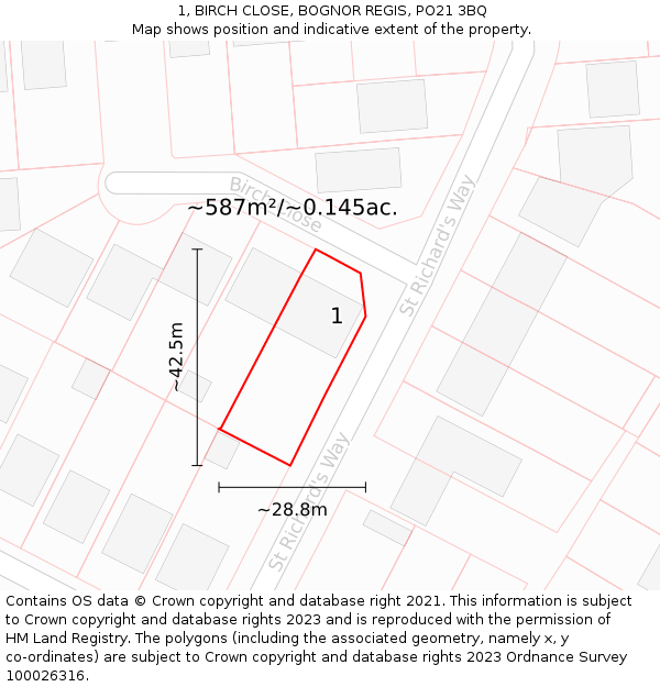 1, BIRCH CLOSE, BOGNOR REGIS, PO21 3BQ: Plot and title map