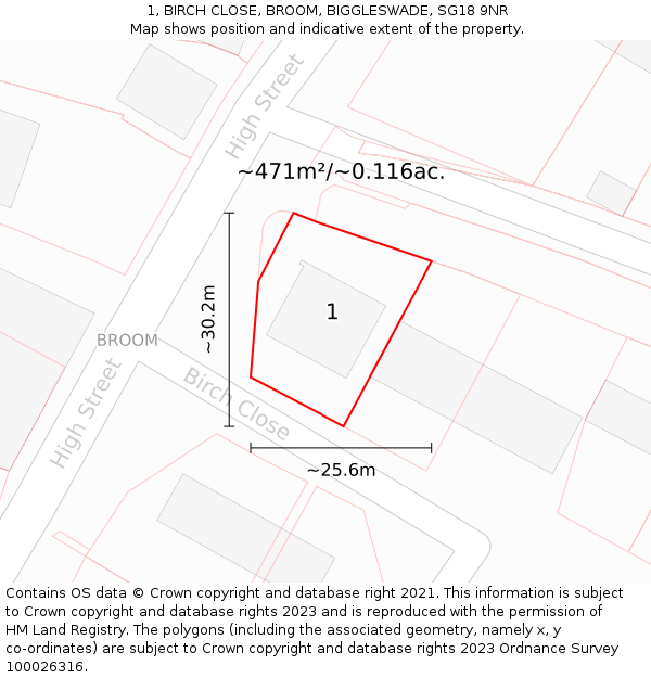 1, BIRCH CLOSE, BROOM, BIGGLESWADE, SG18 9NR: Plot and title map