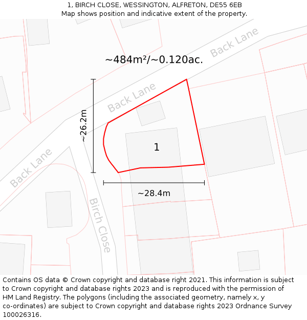 1, BIRCH CLOSE, WESSINGTON, ALFRETON, DE55 6EB: Plot and title map