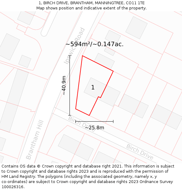 1, BIRCH DRIVE, BRANTHAM, MANNINGTREE, CO11 1TE: Plot and title map