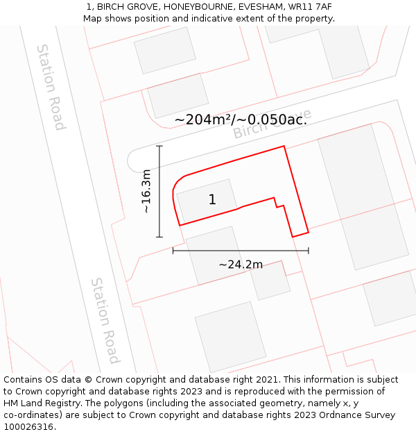 1, BIRCH GROVE, HONEYBOURNE, EVESHAM, WR11 7AF: Plot and title map