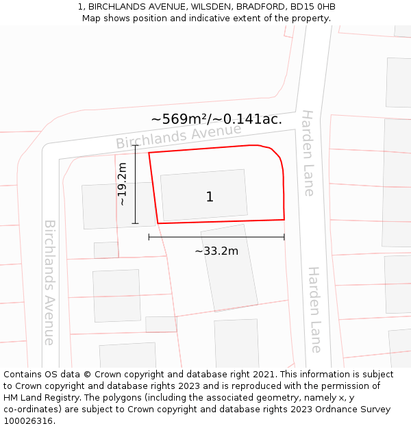 1, BIRCHLANDS AVENUE, WILSDEN, BRADFORD, BD15 0HB: Plot and title map