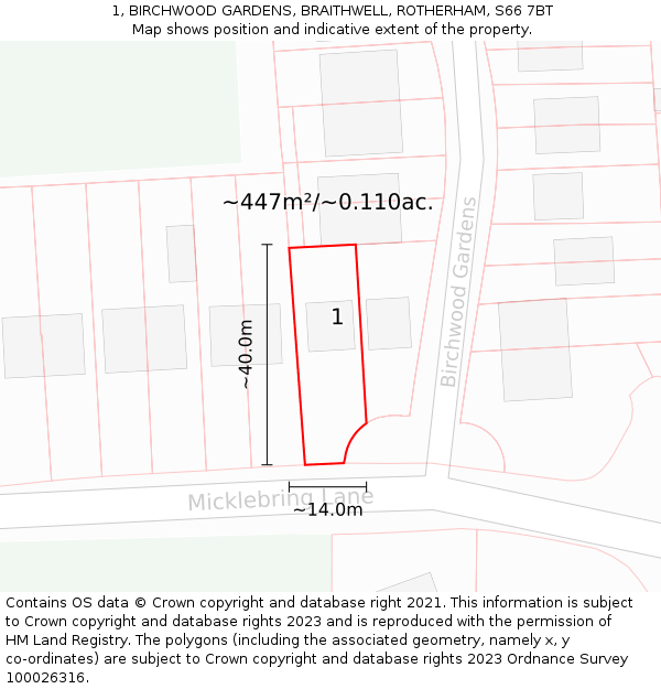 1, BIRCHWOOD GARDENS, BRAITHWELL, ROTHERHAM, S66 7BT: Plot and title map