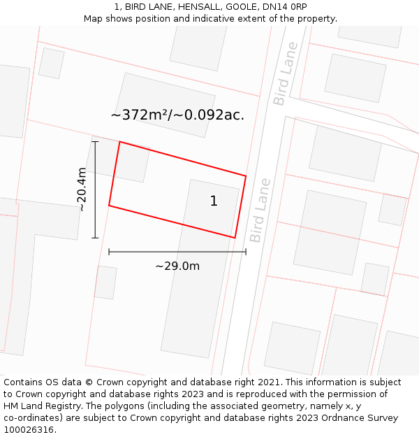 1, BIRD LANE, HENSALL, GOOLE, DN14 0RP: Plot and title map