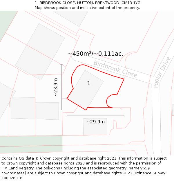 1, BIRDBROOK CLOSE, HUTTON, BRENTWOOD, CM13 1YG: Plot and title map