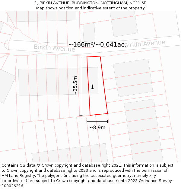 1, BIRKIN AVENUE, RUDDINGTON, NOTTINGHAM, NG11 6BJ: Plot and title map