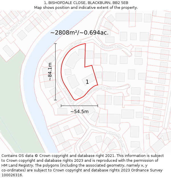 1, BISHOPDALE CLOSE, BLACKBURN, BB2 5EB: Plot and title map