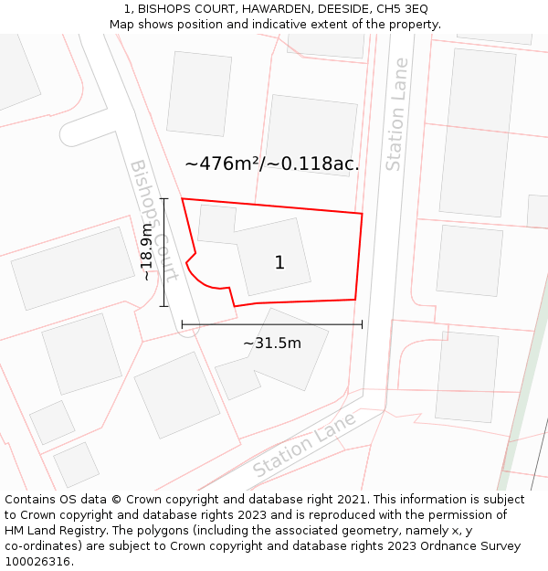 1, BISHOPS COURT, HAWARDEN, DEESIDE, CH5 3EQ: Plot and title map