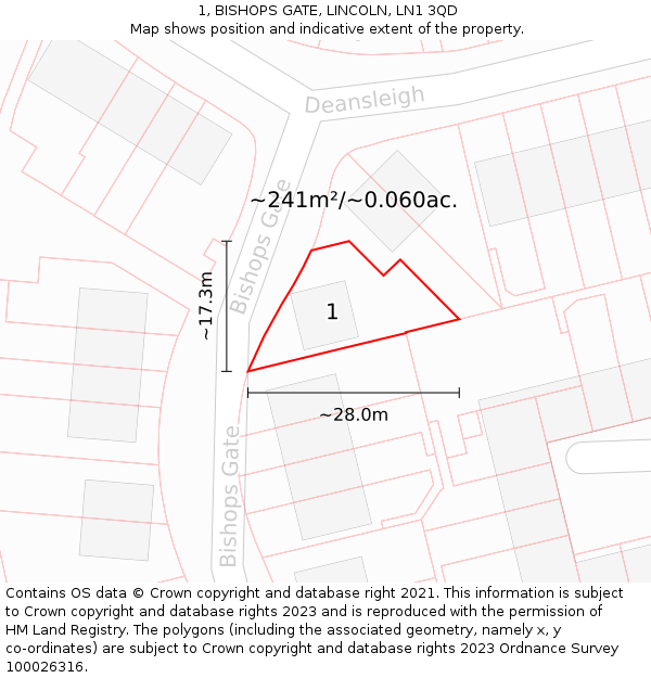 1, BISHOPS GATE, LINCOLN, LN1 3QD: Plot and title map