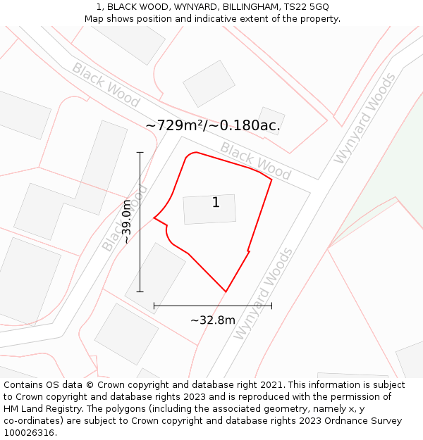 1, BLACK WOOD, WYNYARD, BILLINGHAM, TS22 5GQ: Plot and title map