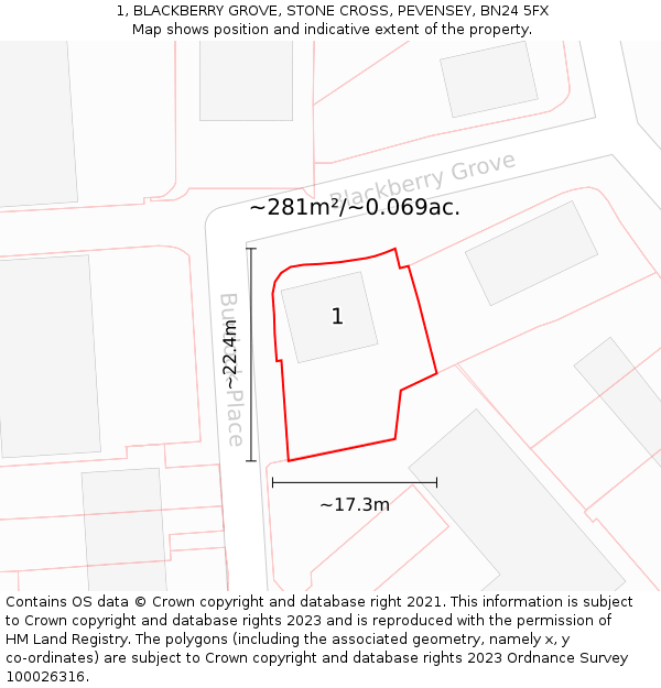 1, BLACKBERRY GROVE, STONE CROSS, PEVENSEY, BN24 5FX: Plot and title map