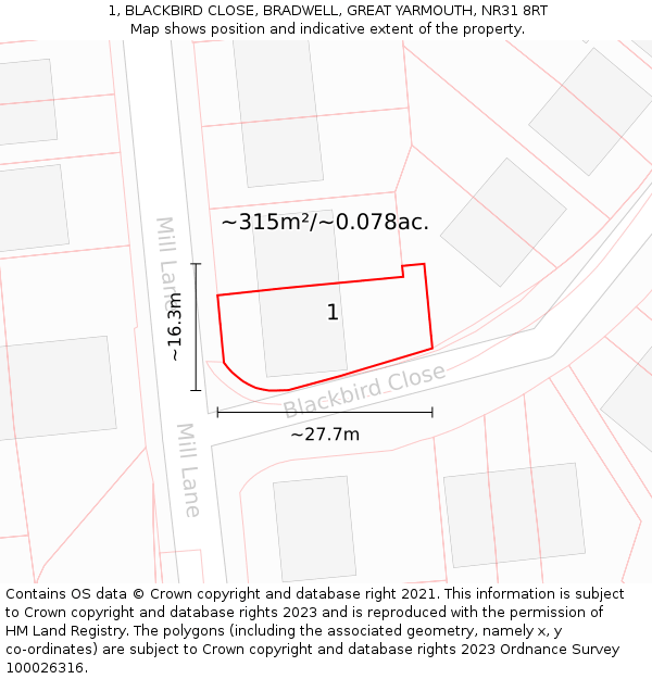 1, BLACKBIRD CLOSE, BRADWELL, GREAT YARMOUTH, NR31 8RT: Plot and title map