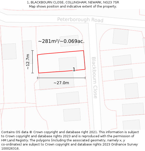 1, BLACKBOURN CLOSE, COLLINGHAM, NEWARK, NG23 7SR: Plot and title map