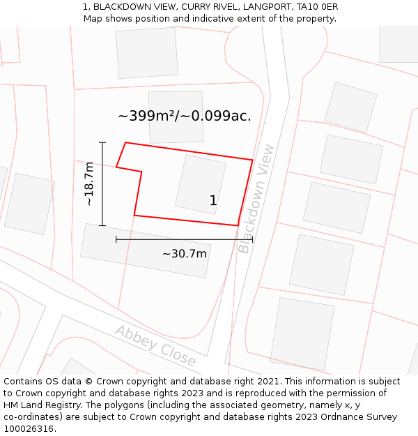 1, BLACKDOWN VIEW, CURRY RIVEL, LANGPORT, TA10 0ER: Plot and title map