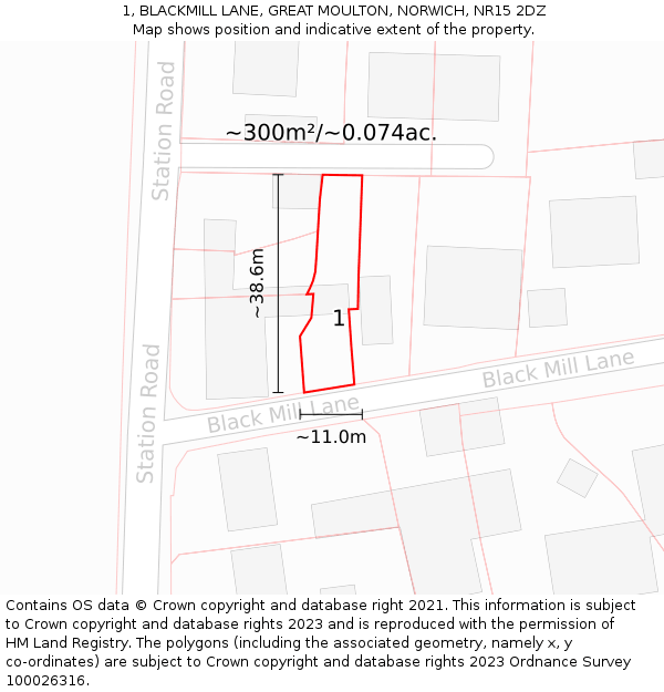 1, BLACKMILL LANE, GREAT MOULTON, NORWICH, NR15 2DZ: Plot and title map