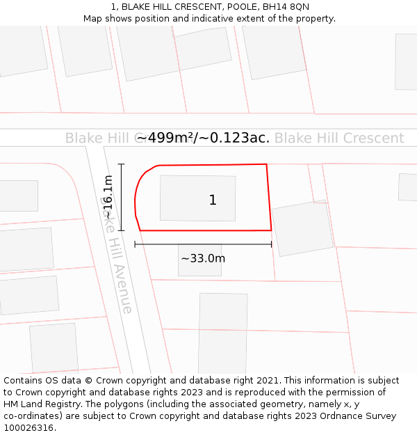 1, BLAKE HILL CRESCENT, POOLE, BH14 8QN: Plot and title map