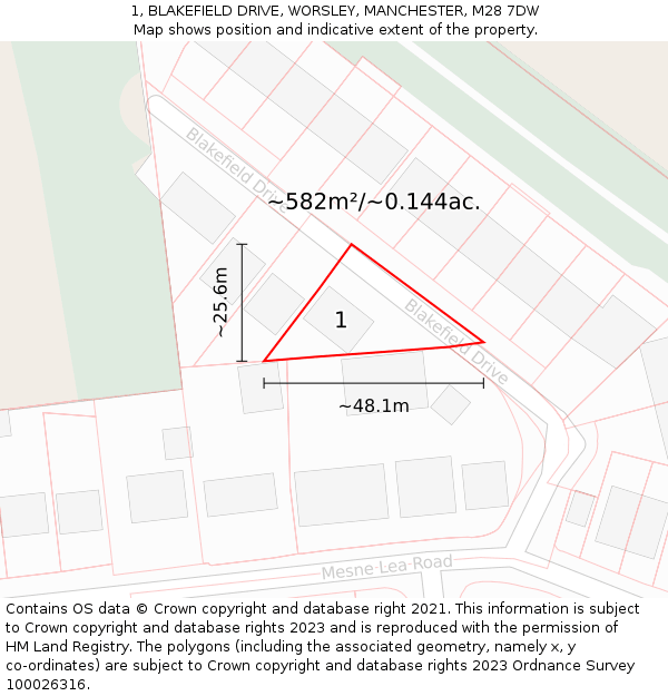 1, BLAKEFIELD DRIVE, WORSLEY, MANCHESTER, M28 7DW: Plot and title map