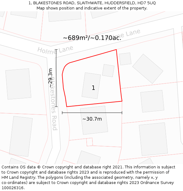 1, BLAKESTONES ROAD, SLAITHWAITE, HUDDERSFIELD, HD7 5UQ: Plot and title map