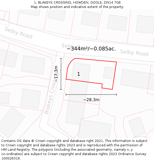 1, BLAKEYS CROSSING, HOWDEN, GOOLE, DN14 7GE: Plot and title map