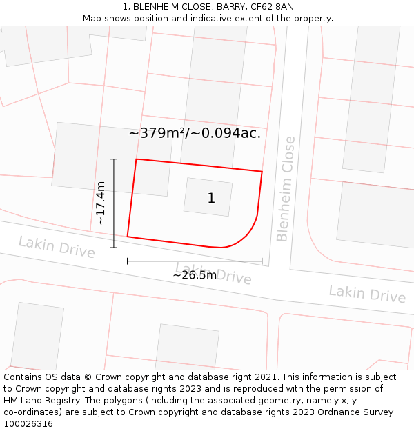 1, BLENHEIM CLOSE, BARRY, CF62 8AN: Plot and title map