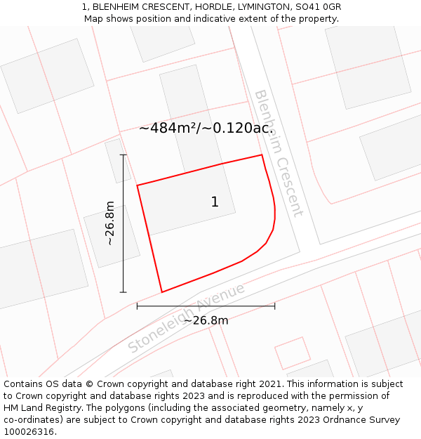 1, BLENHEIM CRESCENT, HORDLE, LYMINGTON, SO41 0GR: Plot and title map