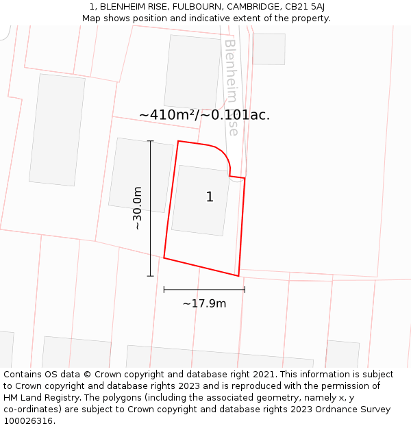 1, BLENHEIM RISE, FULBOURN, CAMBRIDGE, CB21 5AJ: Plot and title map