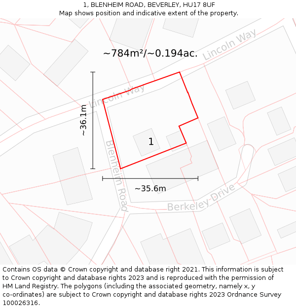 1, BLENHEIM ROAD, BEVERLEY, HU17 8UF: Plot and title map