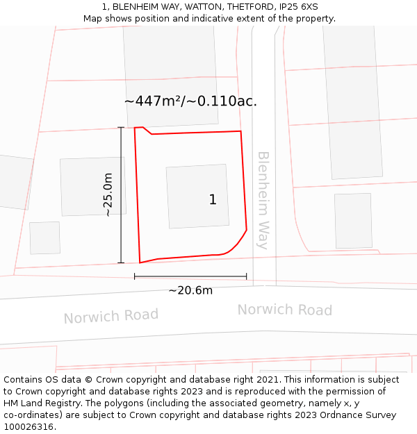 1, BLENHEIM WAY, WATTON, THETFORD, IP25 6XS: Plot and title map