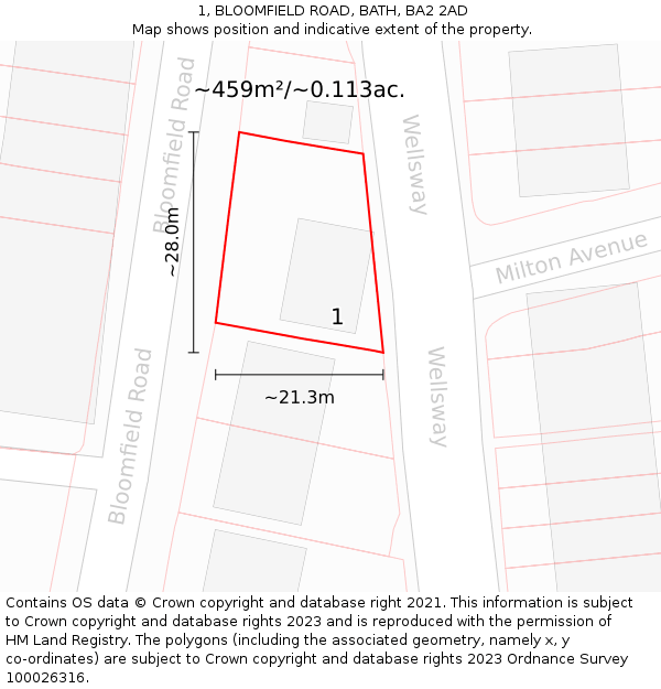 1, BLOOMFIELD ROAD, BATH, BA2 2AD: Plot and title map