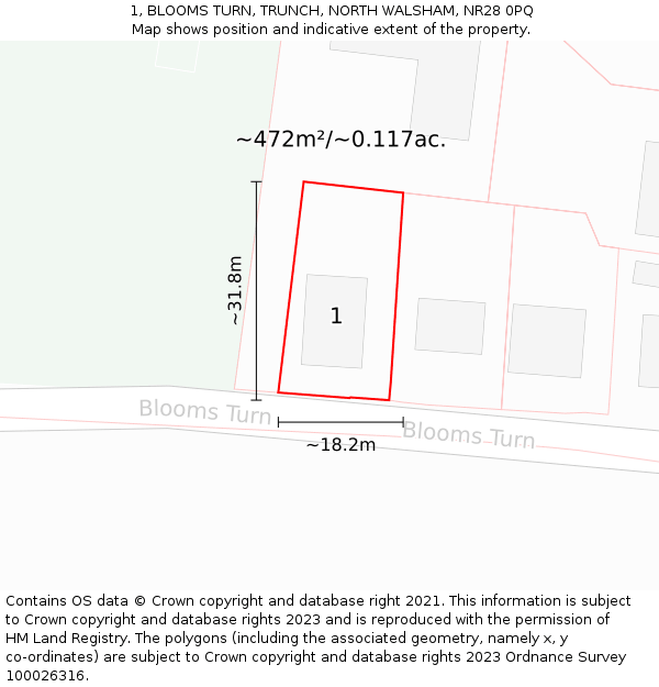 1, BLOOMS TURN, TRUNCH, NORTH WALSHAM, NR28 0PQ: Plot and title map