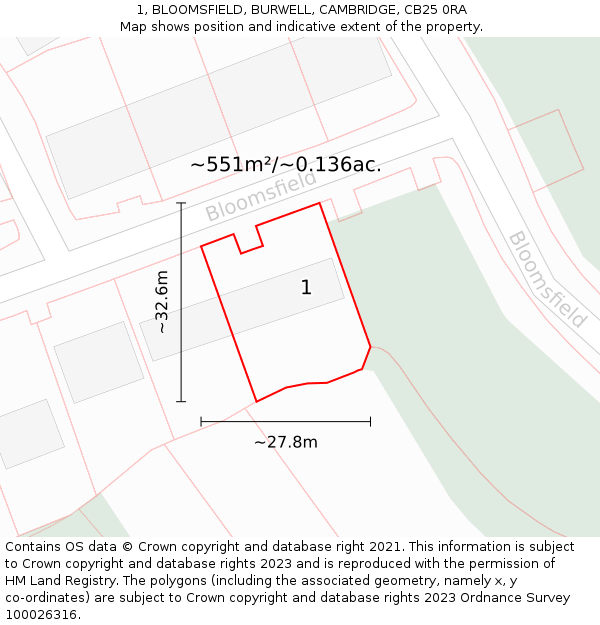 1, BLOOMSFIELD, BURWELL, CAMBRIDGE, CB25 0RA: Plot and title map