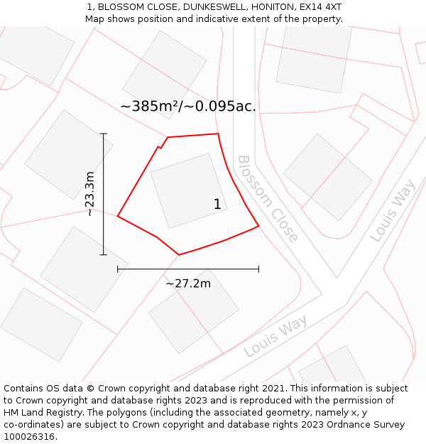 1, BLOSSOM CLOSE, DUNKESWELL, HONITON, EX14 4XT: Plot and title map
