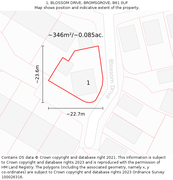 1, BLOSSOM DRIVE, BROMSGROVE, B61 0UF: Plot and title map