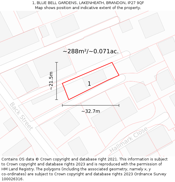 1, BLUE BELL GARDENS, LAKENHEATH, BRANDON, IP27 9QF: Plot and title map