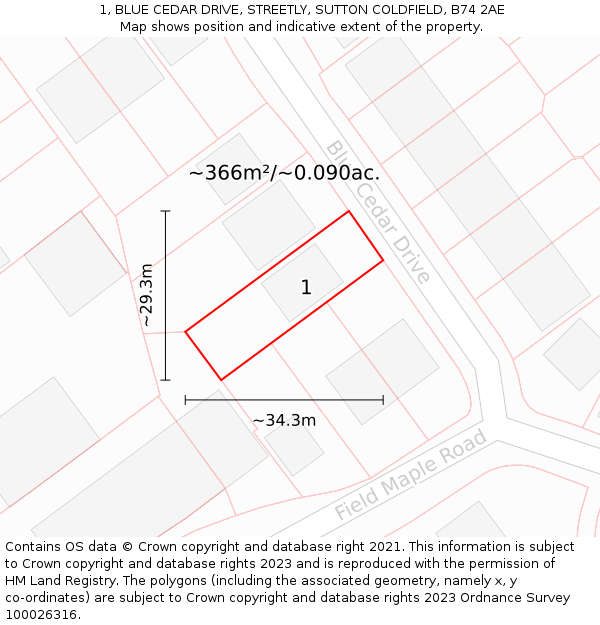 1, BLUE CEDAR DRIVE, STREETLY, SUTTON COLDFIELD, B74 2AE: Plot and title map