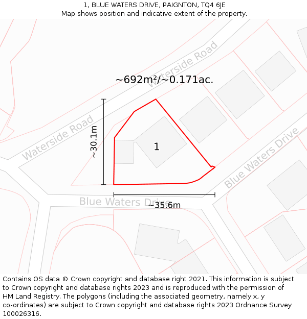 1, BLUE WATERS DRIVE, PAIGNTON, TQ4 6JE: Plot and title map