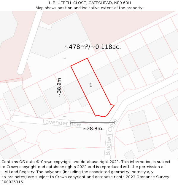 1, BLUEBELL CLOSE, GATESHEAD, NE9 6RH: Plot and title map