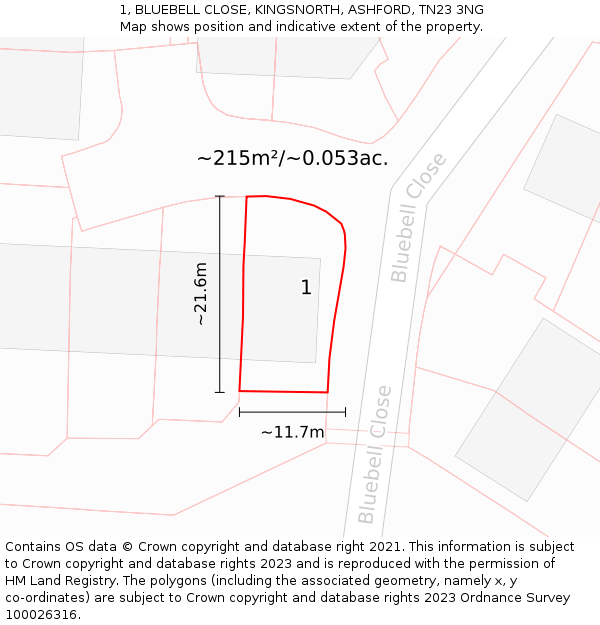 1, BLUEBELL CLOSE, KINGSNORTH, ASHFORD, TN23 3NG: Plot and title map