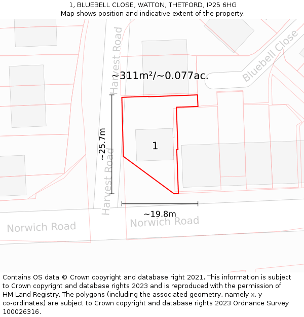 1, BLUEBELL CLOSE, WATTON, THETFORD, IP25 6HG: Plot and title map