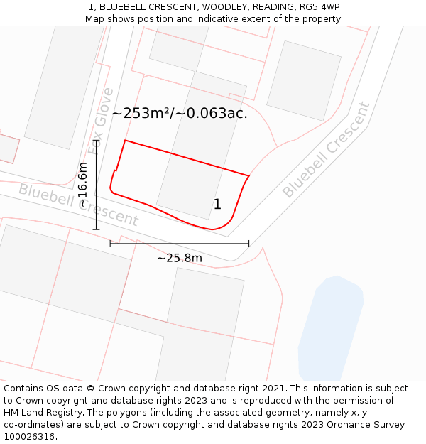 1, BLUEBELL CRESCENT, WOODLEY, READING, RG5 4WP: Plot and title map