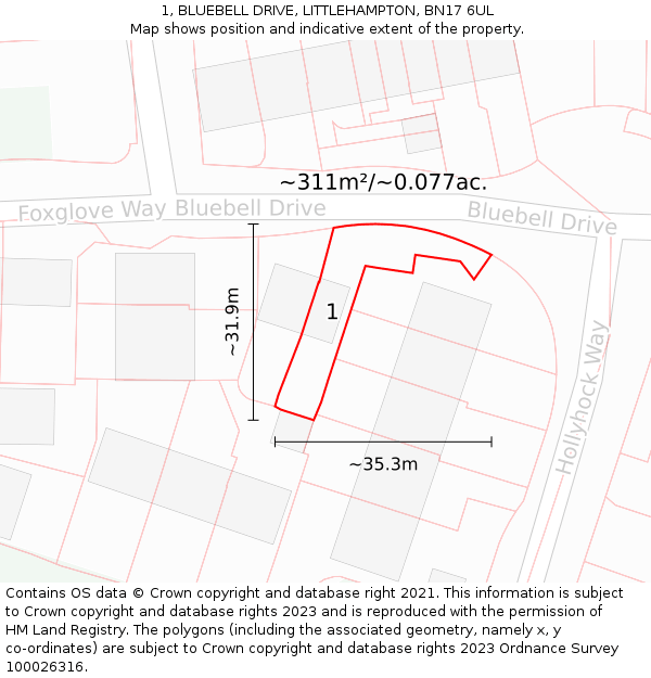 1, BLUEBELL DRIVE, LITTLEHAMPTON, BN17 6UL: Plot and title map