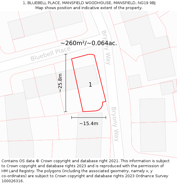 1, BLUEBELL PLACE, MANSFIELD WOODHOUSE, MANSFIELD, NG19 9BJ: Plot and title map